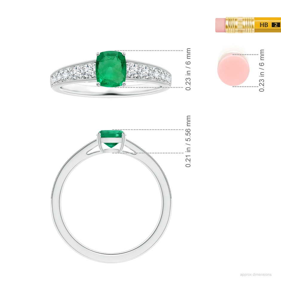 6.22x6.22x3.38mm AAAA GIA Certified Prong-Set Cushion Emerald Ring with Diamonds & Milgrain in White Gold ruler