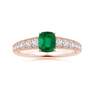 7.09x5.95x4.18mm AAAA Prong-Set Cushion Emerald Ring with Diamonds & Milgrain in 9K Rose Gold