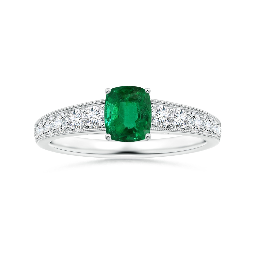 7.09x5.95x4.18mm AAAA Prong-Set Cushion Emerald Ring with Diamonds & Milgrain in White Gold 