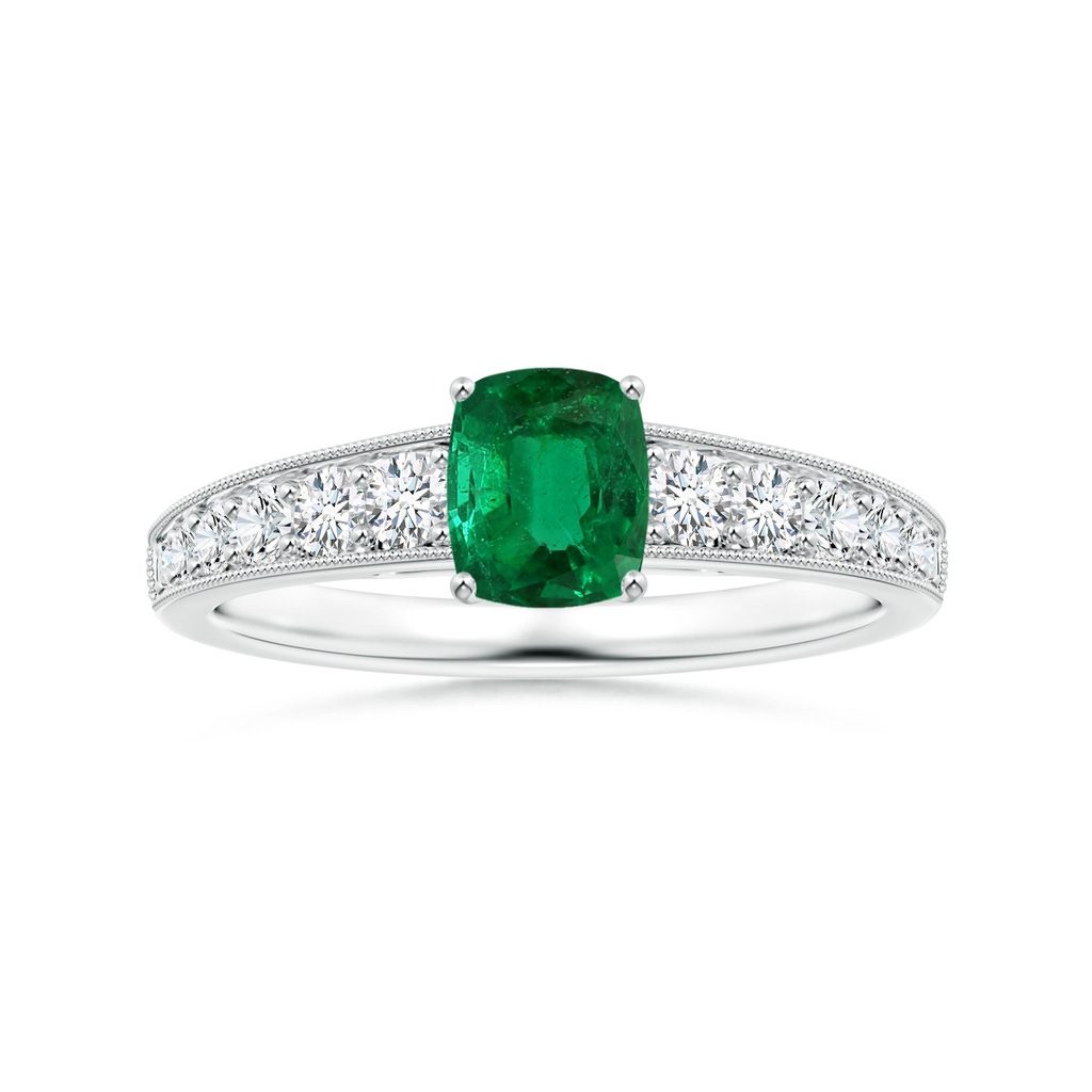 7.09x5.95x4.18mm AAAA Prong-Set Cushion Emerald Ring with Diamonds & Milgrain in White Gold