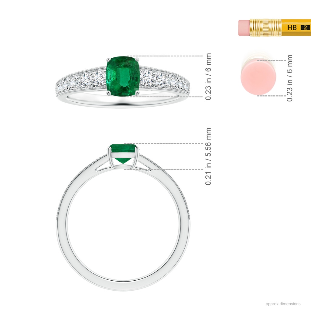 7.09x5.95x4.18mm AAAA Prong-Set Cushion Emerald Ring with Diamonds & Milgrain in White Gold ruler