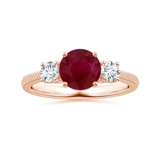 6.93x6.78x3.67mm A Three Stone Round Ruby Reverse Tapered Shank Ring with Feather Motifs in 18K Rose Gold