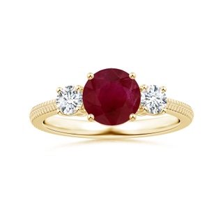 6.93x6.78x3.67mm A Three Stone Round Ruby Reverse Tapered Shank Ring with Feather Motifs in 18K Yellow Gold