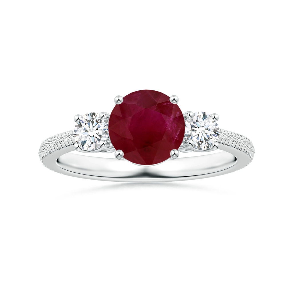 6.93x6.78x3.67mm A Three Stone Round Ruby Reverse Tapered Shank Ring with Feather Motifs in P950 Platinum 