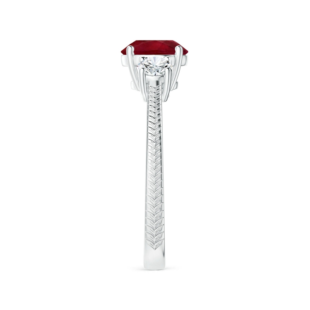 6.93x6.78x3.67mm A Three Stone Round Ruby Reverse Tapered Shank Ring with Feather Motifs in P950 Platinum Side 399