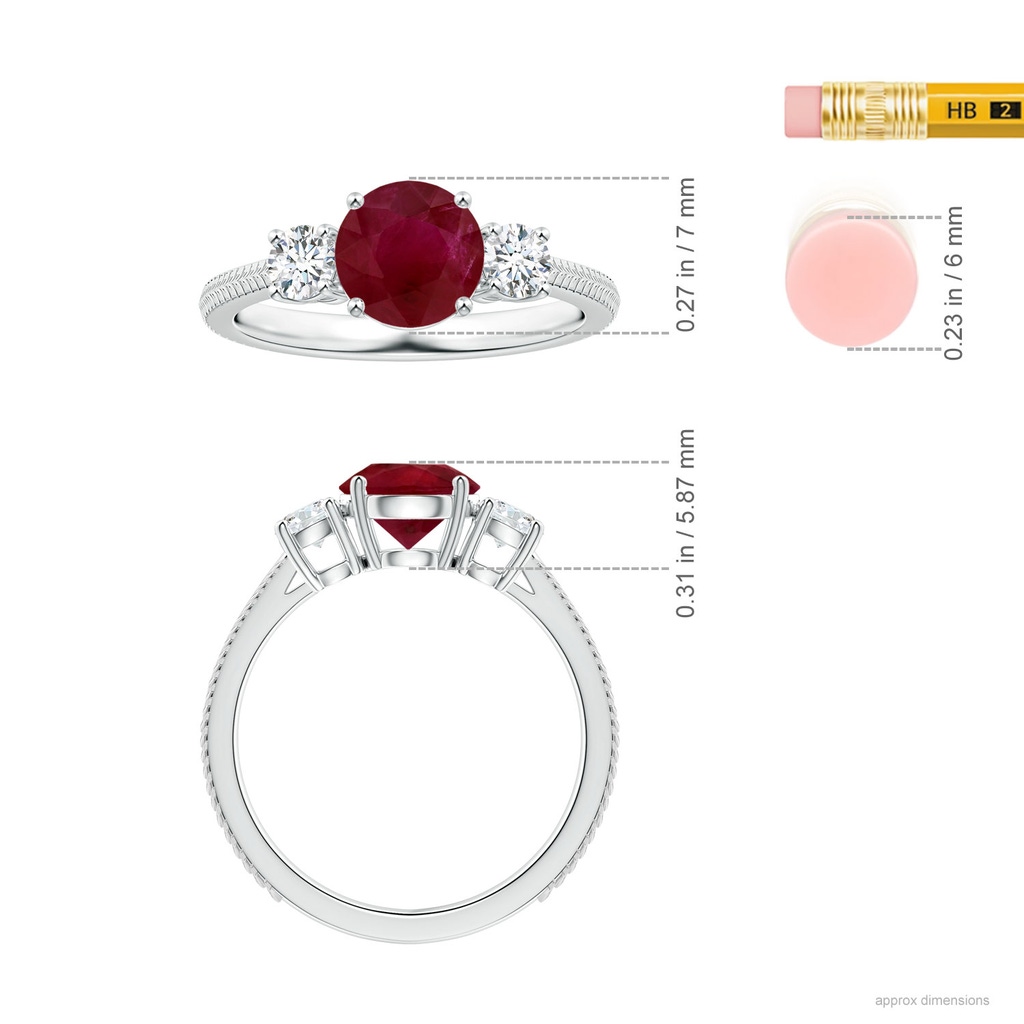 6.93x6.78x3.67mm A Three Stone Round Ruby Reverse Tapered Shank Ring with Feather Motifs in White Gold ruler