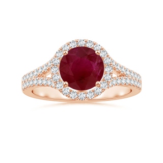 6.93x6.78x3.67mm A Round Ruby Split Shank Ring with Diamond Halo in 18K Rose Gold