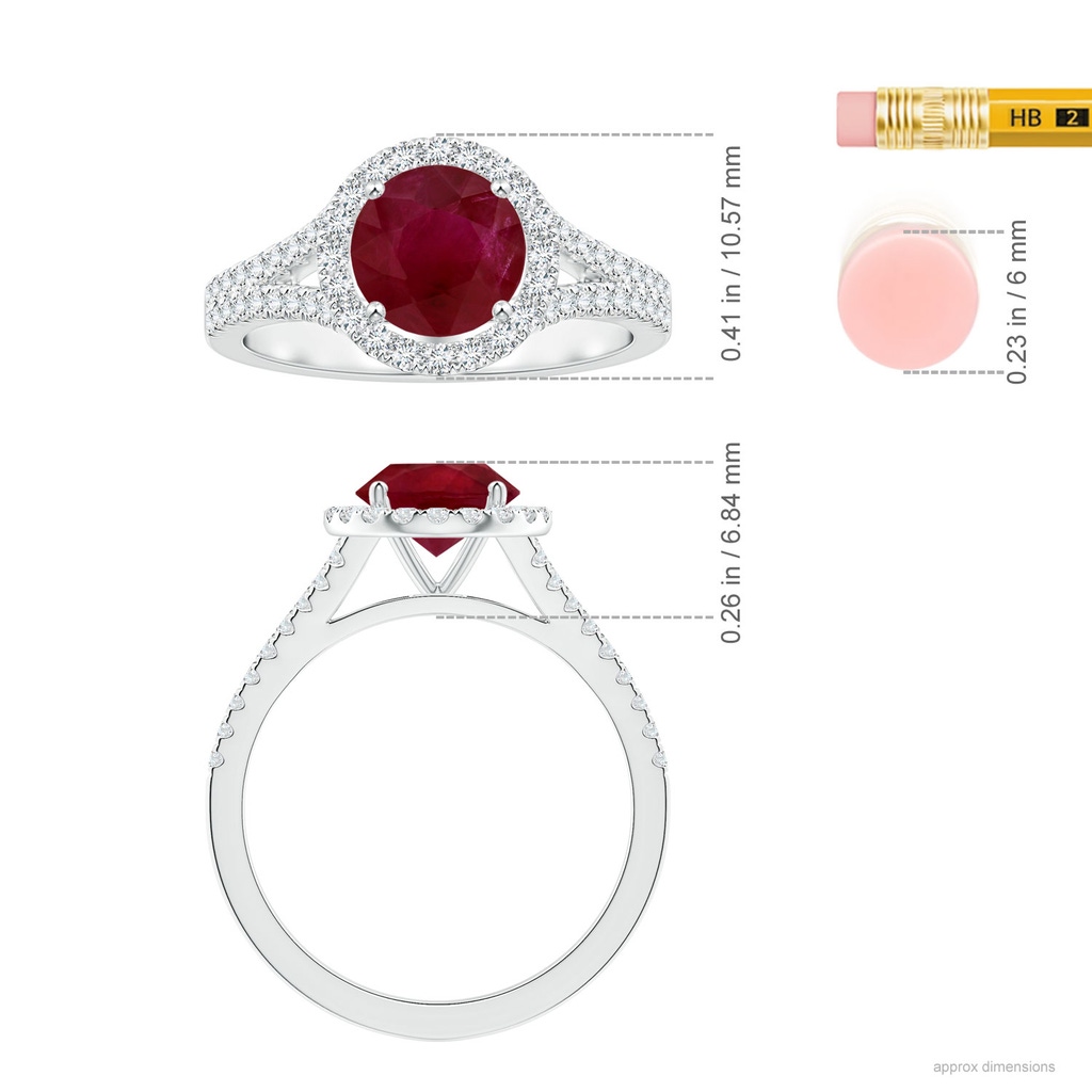 6.93x6.78x3.67mm A Round Ruby Split Shank Ring with Diamond Halo in P950 Platinum ruler