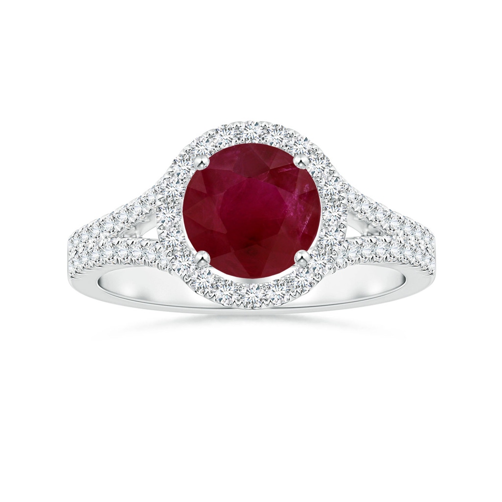 6.93x6.78x3.67mm A Round Ruby Split Shank Ring with Diamond Halo in White Gold