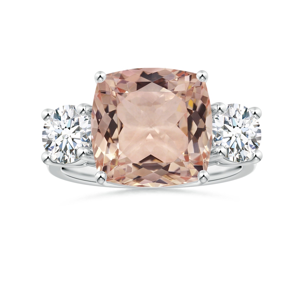 10.99x10.94x7.12mm AAA Cushion Morganite Three Stone Ring with Reverse Tapered Shank in White Gold