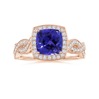 6.89x6.86x4.60mm AAA Twisted Shank GIA Certified Cushion Tanzanite Halo Ring with Milgrain in 10K Rose Gold