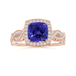 6.89x6.86x4.60mm AAA Twisted Shank GIA Certified Cushion Tanzanite Halo Ring with Milgrain in 18K Rose Gold
