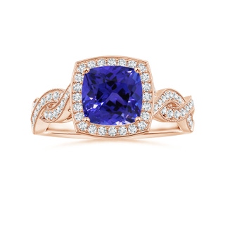 6.89x6.86x4.60mm AAA Twisted Shank GIA Certified Cushion Tanzanite Halo Ring with Milgrain in Rose Gold