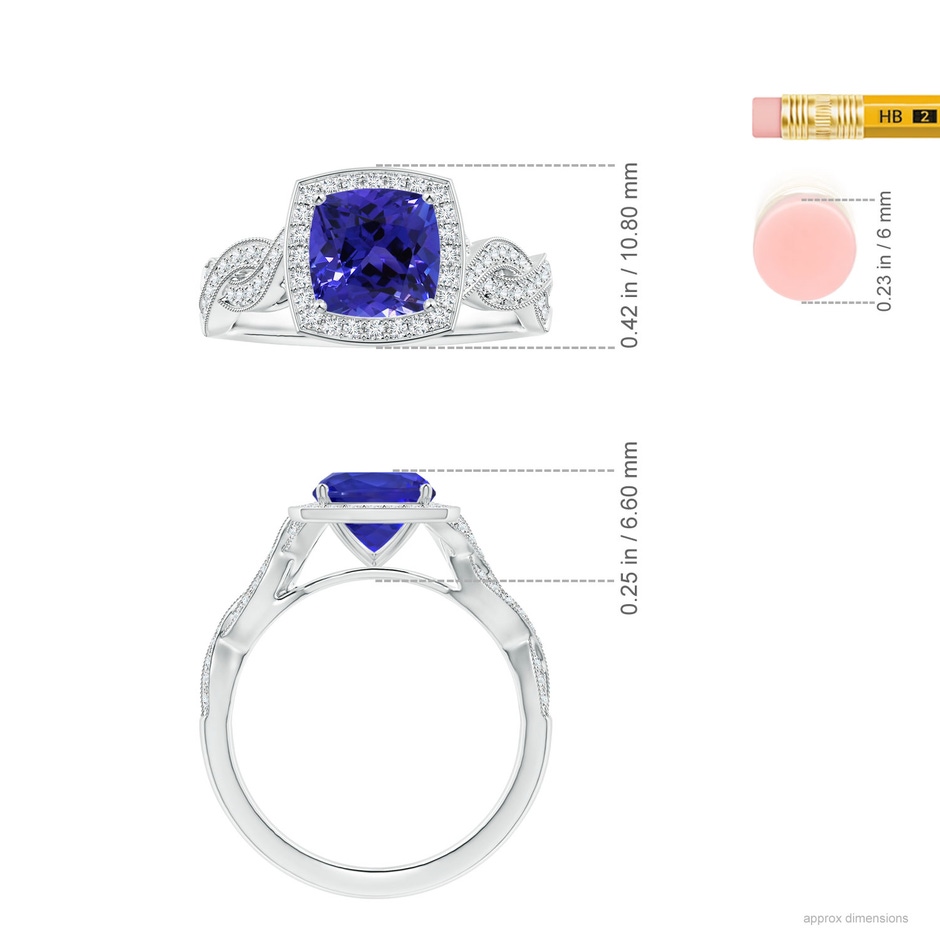 6.89x6.86x4.60mm AAA Twisted Shank GIA Certified Cushion Tanzanite Halo Ring with Milgrain in White Gold ruler