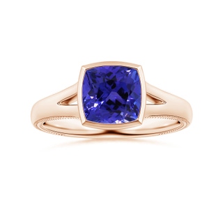 6.89x6.86x4.60mm AAA Bezel-Set GIA Certified Solitaire Cushion Tanzanite Leaf Ring with Split Shank in 10K Rose Gold