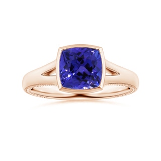 6.89x6.86x4.60mm AAA Bezel-Set GIA Certified Solitaire Cushion Tanzanite Leaf Ring with Split Shank in 9K Rose Gold