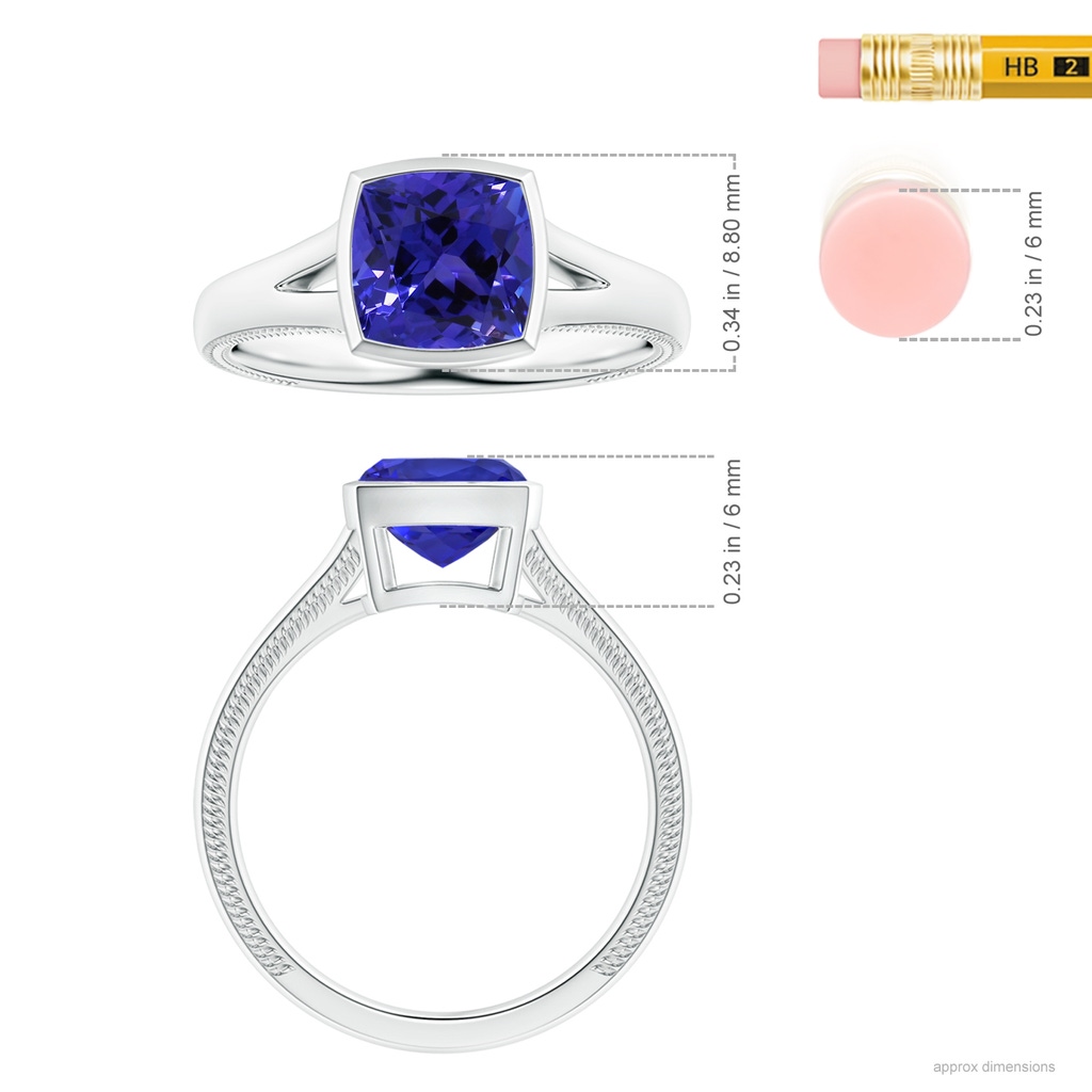 6.89x6.86x4.60mm AAA Bezel-Set GIA Certified Solitaire Cushion Tanzanite Leaf Ring with Split Shank in White Gold ruler