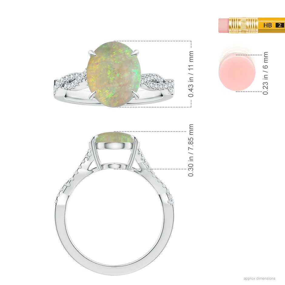 10.66x7.37x3.81mm AAAA Claw-Set GIA Certified Oval Opal Twisted Shank Ring with Diamonds in P950 Platinum ruler