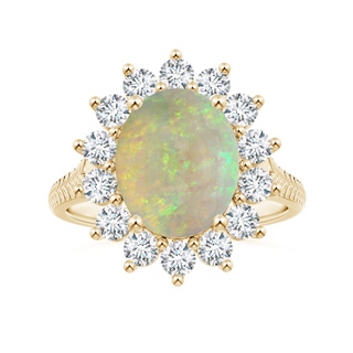 10.66x7.37x3.81mm AAAA GIA Certified Princess Diana Inspired Oval Opal Halo Ring with Feather Motifs in Yellow Gold