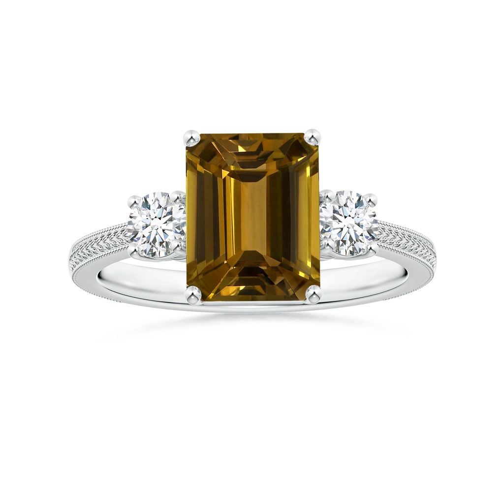 9x7mm AAA Three Stone GIA Certified Emerald-Cut Unheated Tanzanite Leaf Ring with Diamonds in White Gold