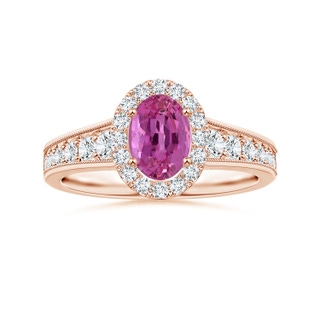 7.13x5.11x2.61mm AAA Tapered Shank GIA Certified Oval Pink Sapphire Halo Ring with Milgrain in 18K Rose Gold