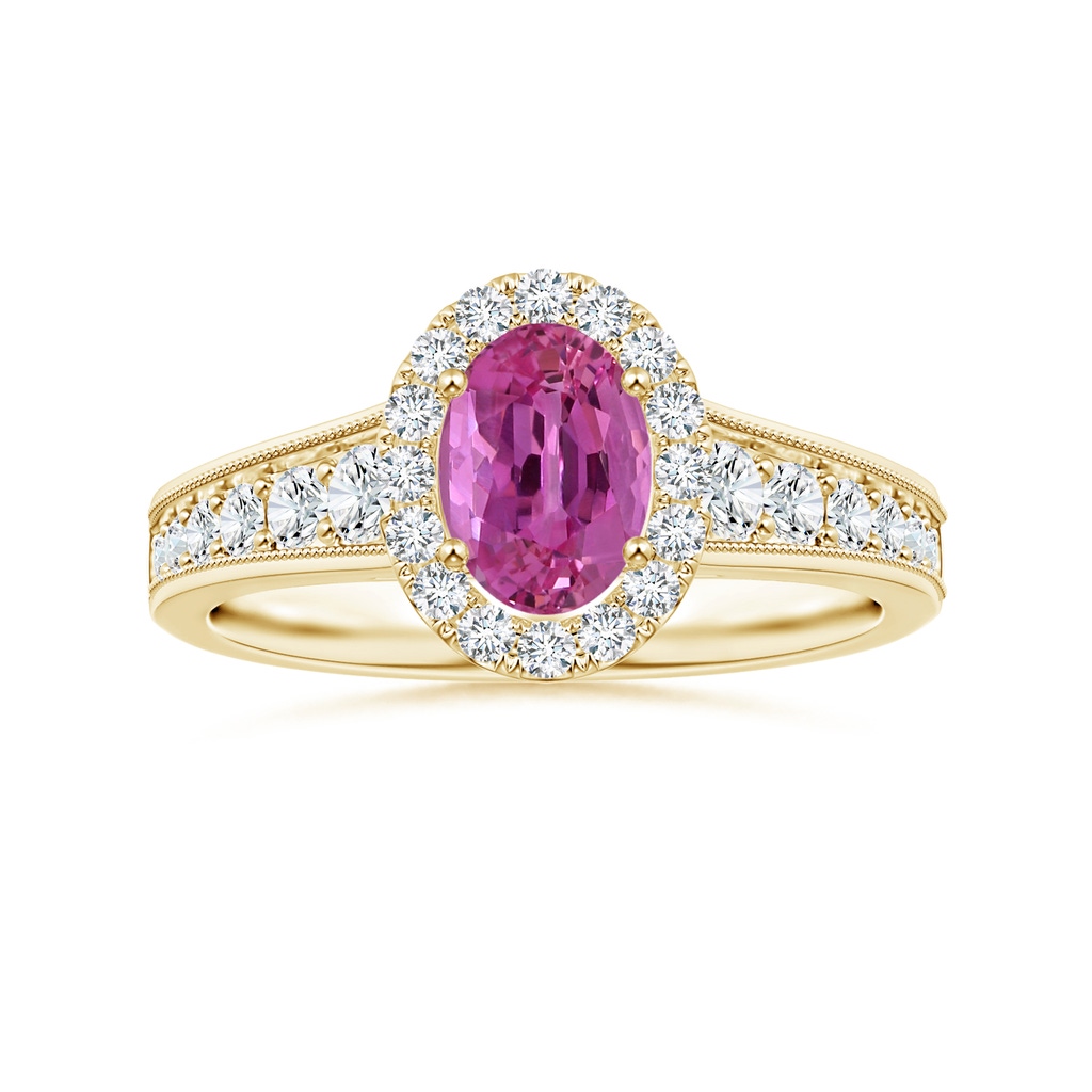 7.13x5.11x2.61mm AAA Tapered Shank GIA Certified Oval Pink Sapphire Halo Ring with Milgrain in 18K Yellow Gold