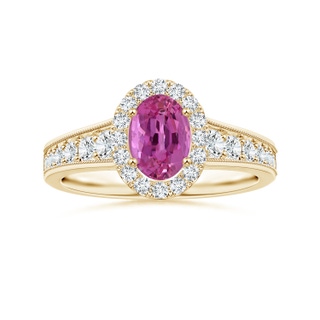7.13x5.11x2.61mm AAA Tapered Shank GIA Certified Oval Pink Sapphire Halo Ring with Milgrain in 9K Yellow Gold
