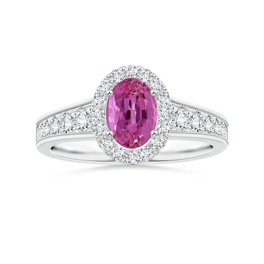 7.13x5.11x2.61mm AAA Tapered Shank GIA Certified Oval Pink Sapphire Halo Ring with Milgrain in P950 Platinum 