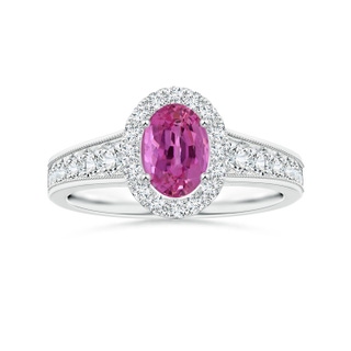 7.13x5.11x2.61mm AAA Tapered Shank GIA Certified Oval Pink Sapphire Halo Ring with Milgrain in P950 Platinum