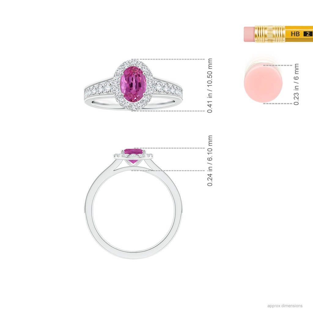 7.13x5.11x2.61mm AAA Tapered Shank GIA Certified Oval Pink Sapphire Halo Ring with Milgrain in P950 Platinum ruler