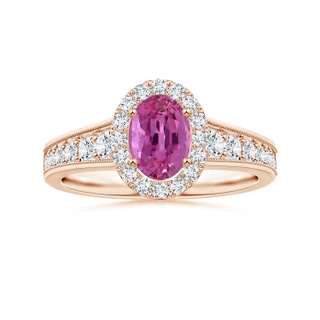 7.13x5.11x2.61mm AAA Tapered Shank GIA Certified Oval Pink Sapphire Halo Ring with Milgrain in Rose Gold