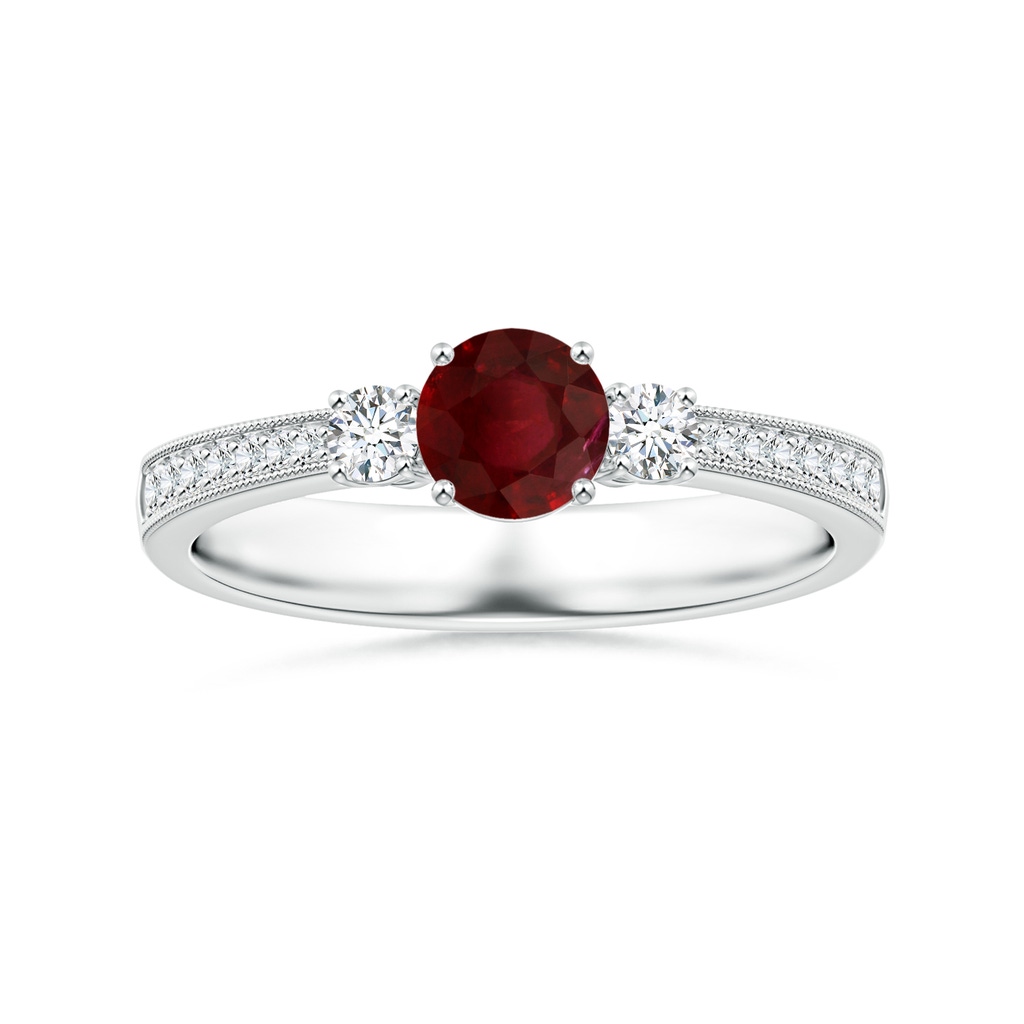 5.78-5.85x3.09mm AA Three Stone GIA Certified Ruby Reverse Tapered Shank Ring with Milgrain  in 18K White Gold 