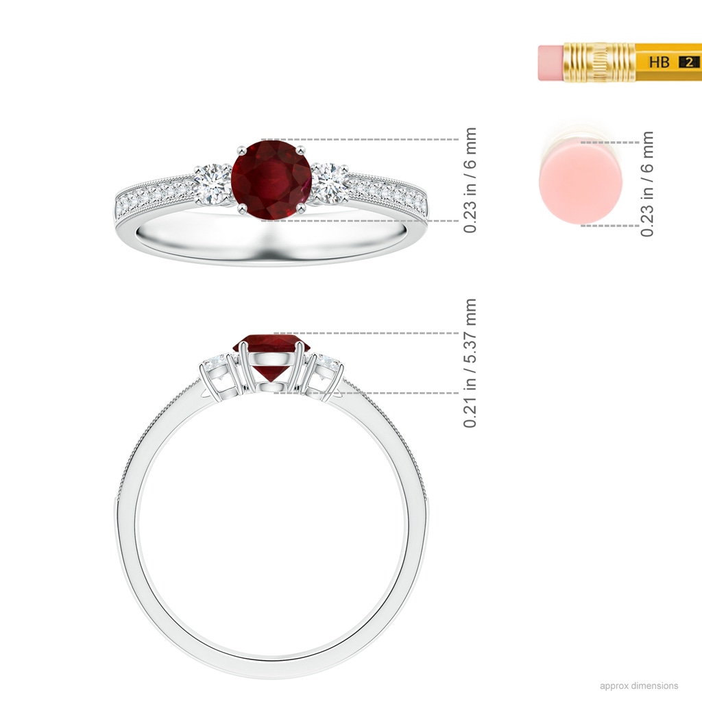 5.78-5.85x3.09mm AA Three Stone GIA Certified Ruby Reverse Tapered Shank Ring with Milgrain  in 18K White Gold Ruler