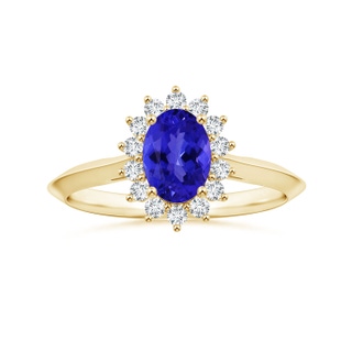 8.09x5.97x4.14mm AAA Princess Diana Inspired GIA Certified Oval Tanzanite Knife-Edge Shank Ring with Halo in 18K Yellow Gold