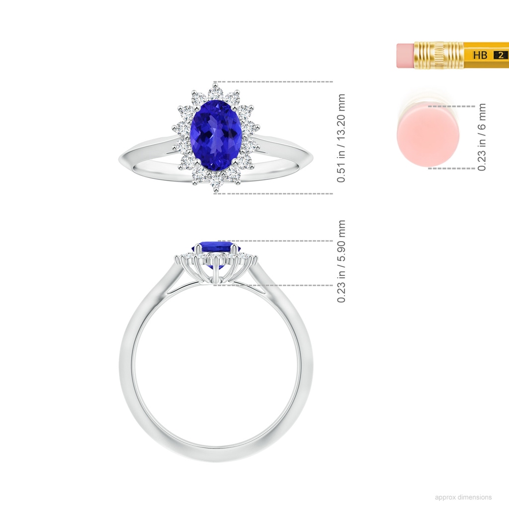 8.09x5.97x4.14mm AAA Princess Diana Inspired GIA Certified Oval Tanzanite Knife-Edge Shank Ring with Halo in White Gold ruler