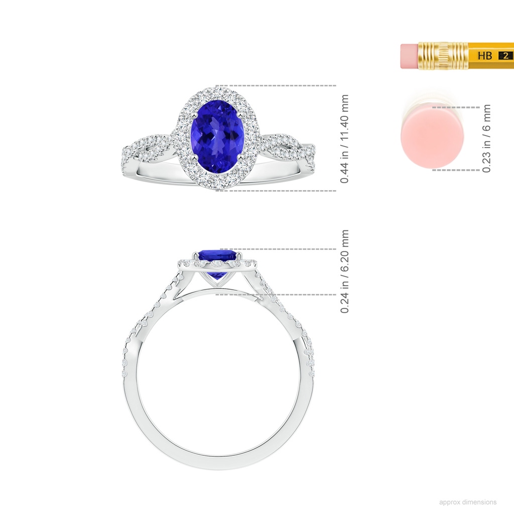 8.09x5.97x4.14mm AAA GIA Certified Oval Tanzanite Twisted Shank Ring with Diamond Halo in White Gold ruler