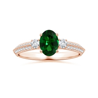 6.89x4.97x2.98mm AAA GIA Certified Three Stone Oval Tsavorite Knife-Edge Ring with Milgrain in 10K Rose Gold