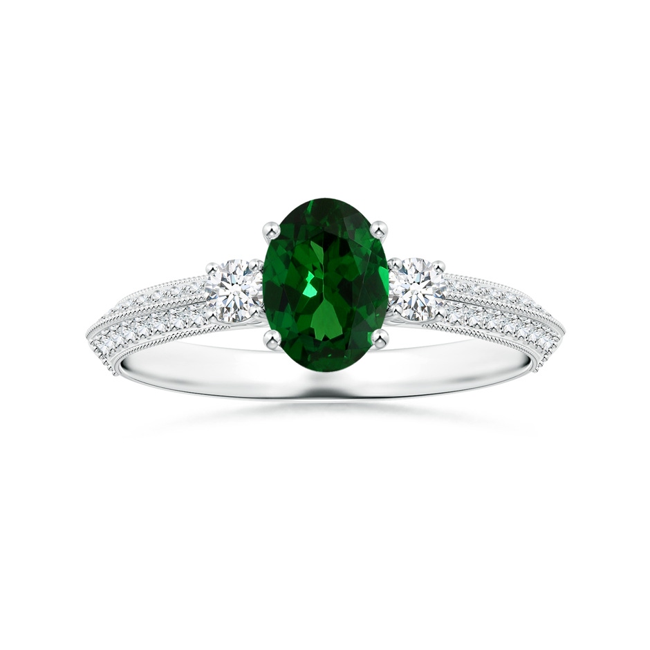 6.89x4.97x2.98mm AAA GIA Certified Three Stone Oval Tsavorite Knife-Edge Ring with Milgrain in 18K White Gold 