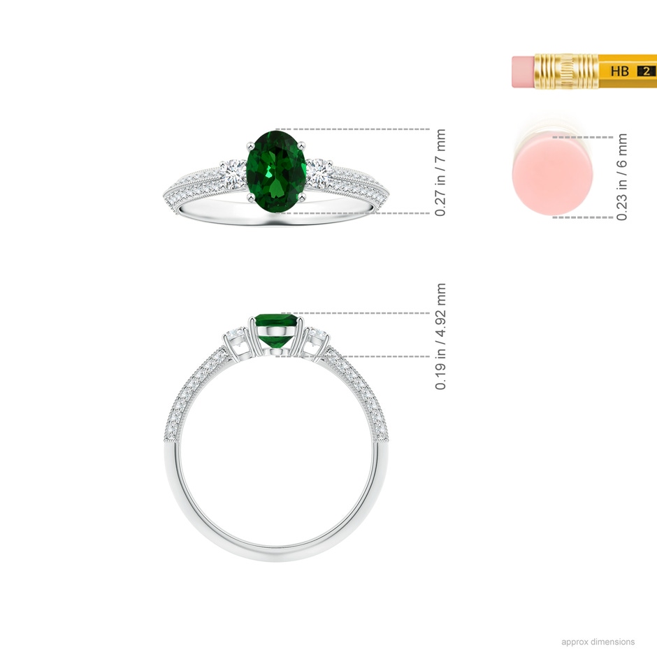 6.89x4.97x2.98mm AAA GIA Certified Three Stone Oval Tsavorite Knife-Edge Ring with Milgrain in 18K White Gold ruler