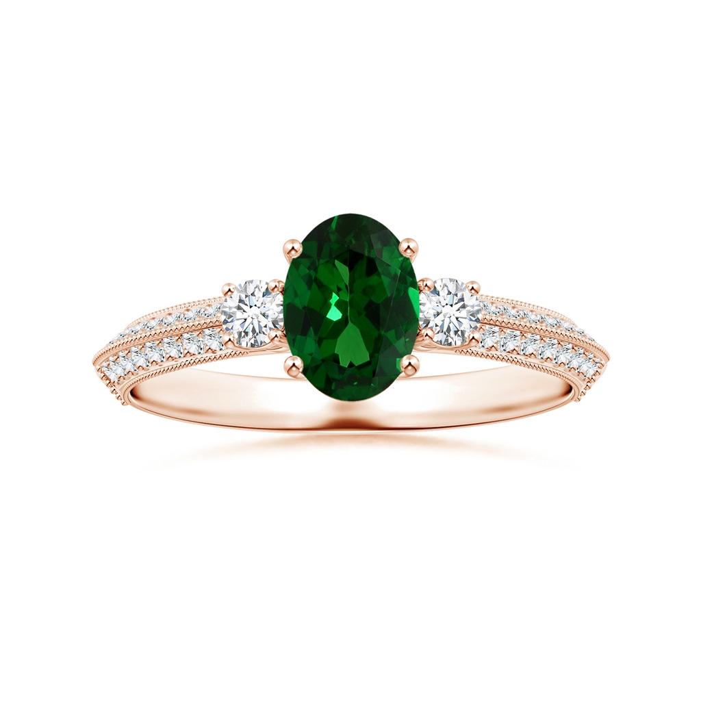 6.89x4.97x2.98mm AAA GIA Certified Three Stone Oval Tsavorite Knife-Edge Ring with Milgrain in Rose Gold