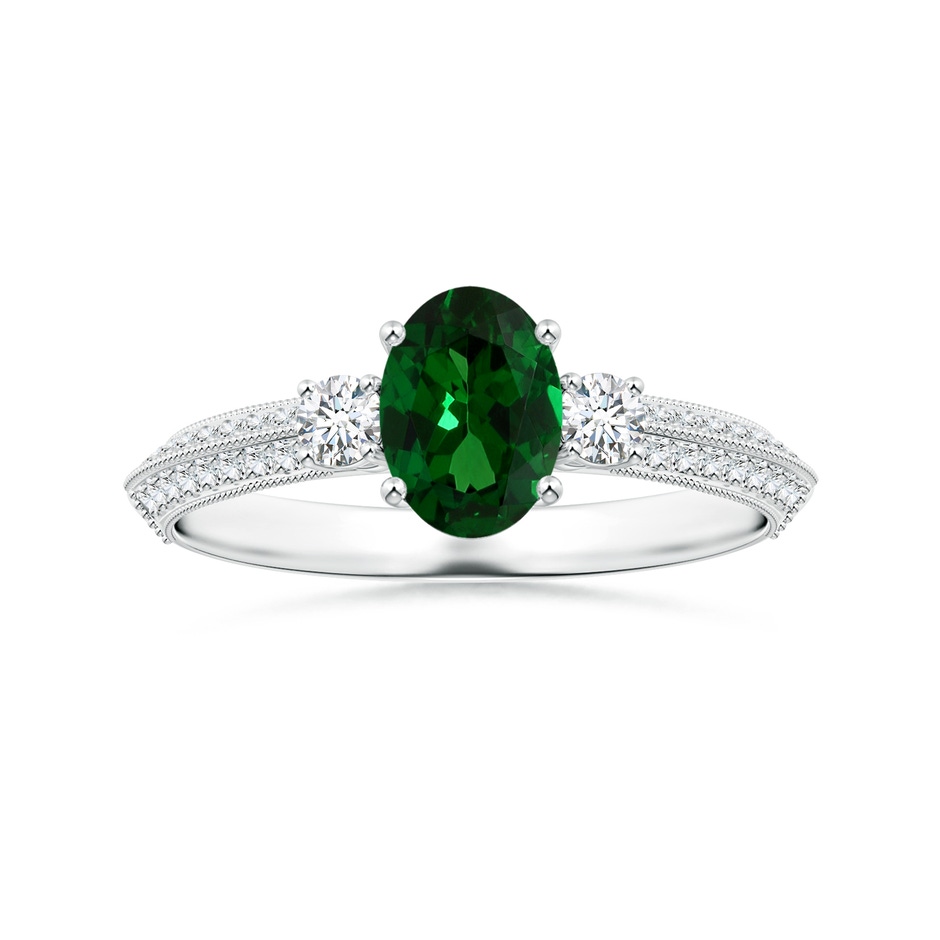 6.89x4.97x2.98mm AAA GIA Certified Three Stone Oval Tsavorite Knife-Edge Ring with Milgrain in White Gold 