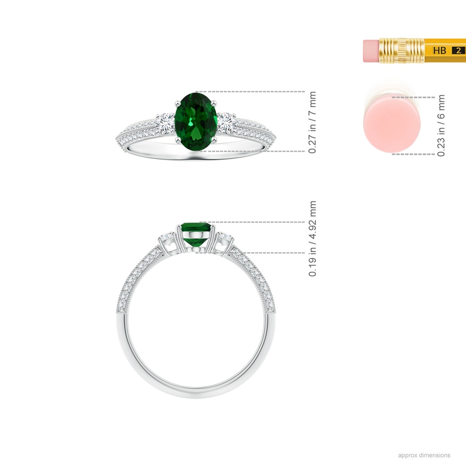 6.89x4.97x2.98mm AAA GIA Certified Three Stone Oval Tsavorite Knife-Edge Ring with Milgrain in White Gold ruler