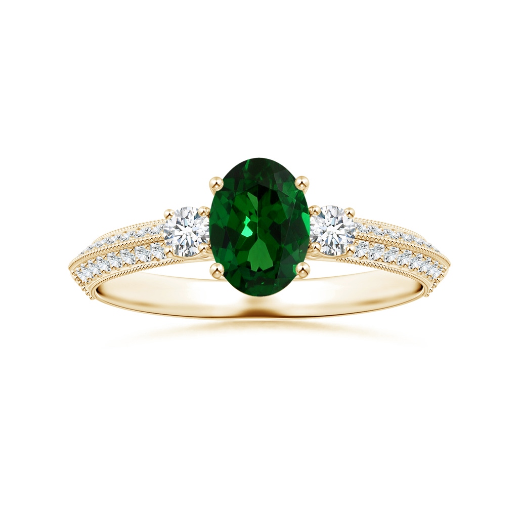 6.89x4.97x2.98mm AAA GIA Certified Three Stone Oval Tsavorite Knife-Edge Ring with Milgrain in Yellow Gold
