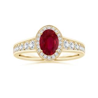 6.04x3.95x1.86mm AA Oval Ruby Tapered Shank Ring with Diamond Halo in 18K Yellow Gold