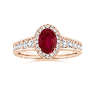 6.04x3.95x1.86mm AA Oval Ruby Tapered Shank Ring with Diamond Halo in 9K Rose Gold