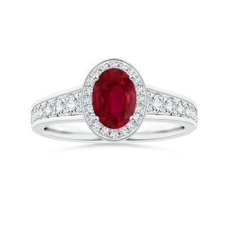 6.04x3.95x1.86mm AA Oval Ruby Tapered Shank Ring with Diamond Halo in P950 Platinum