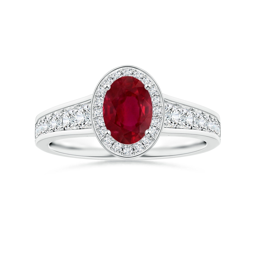 6.04x3.95x1.86mm AA Oval Ruby Tapered Shank Ring with Diamond Halo in White Gold