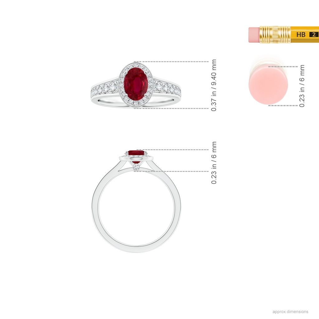6.04x3.95x1.86mm AA Oval Ruby Tapered Shank Ring with Diamond Halo in White Gold ruler