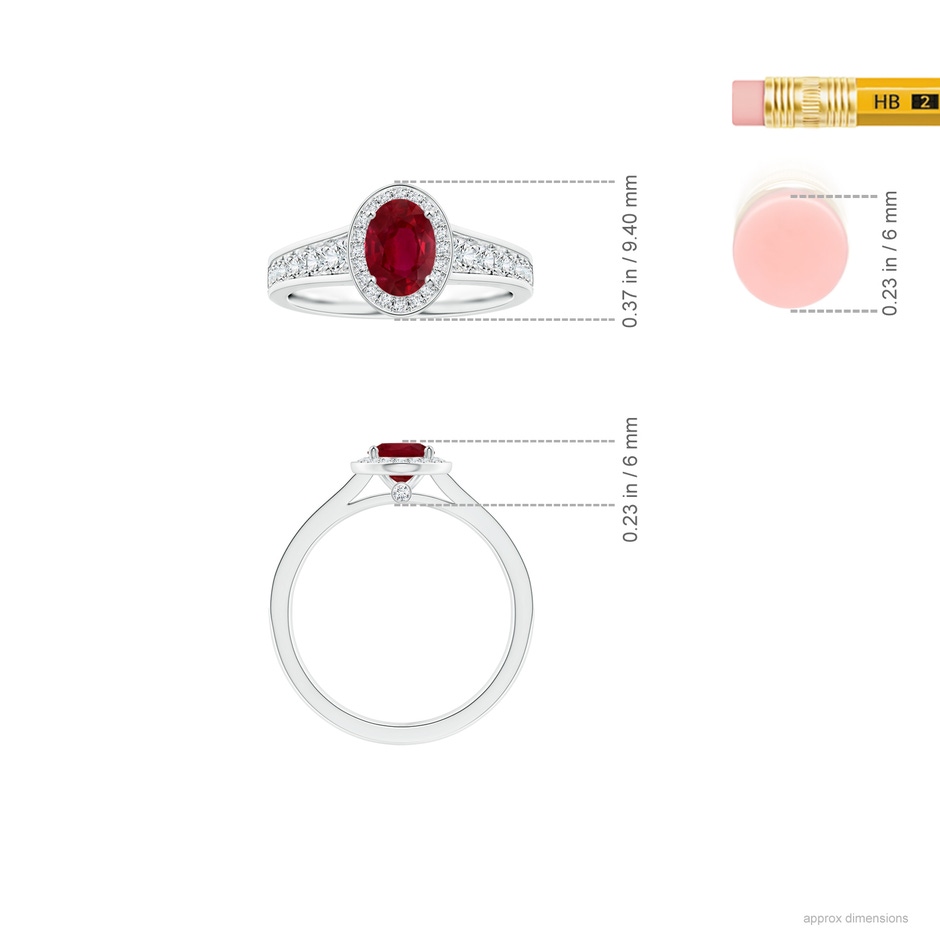 6.04x3.95x1.86mm AA Oval Ruby Tapered Shank Ring with Diamond Halo in White Gold ruler