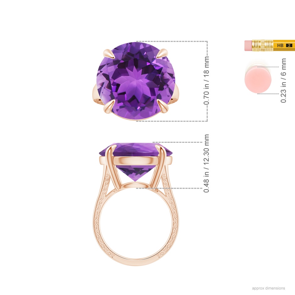 18x18mm AAA Claw-Set GIA Certified Solitaire Round Amethyst Split Shank Ring with Scrollwork in Rose Gold ruler